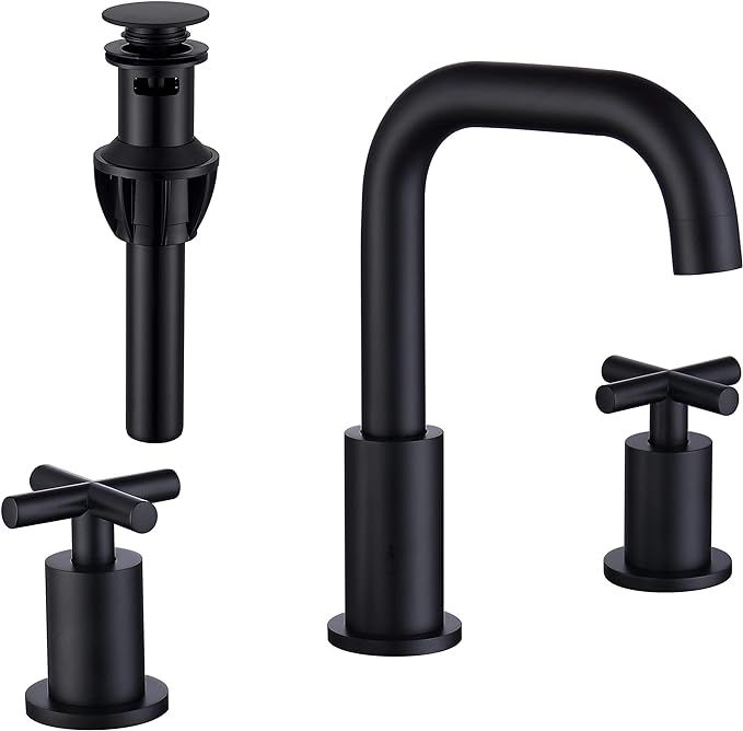 Black 8 Inches 3 Hole Bathroom Faucet, 2 Handle Widespread Bathroom Faucets Matte Black with Valv... | Amazon (US)