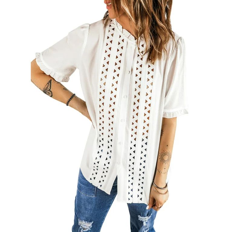 Dokotoo Women's White Blouses Ruffle Mock Neck Hollow Out Short Sleeve Button Down Shirt Tops Siz... | Walmart (US)