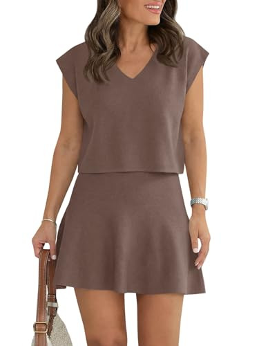 Wenrine Womens Summer 2 Piece Skirt Sets Casual V Neck Crop Tops A Line Mini Skirts Sleeveless Kn... | Amazon (US)