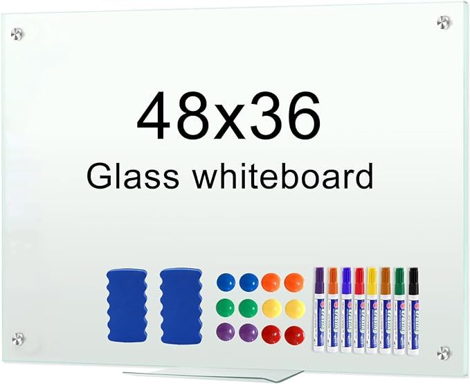 Dry Erase White Board 48"x36" Glass Magnetic Whiteboard for Wall, Includes 12 Magnets, 8 Markers ... | Amazon (US)