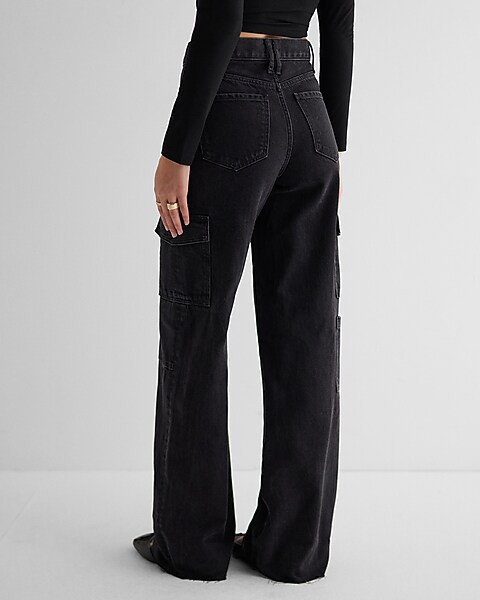 High Waisted Washed Black Raw Hem Wide Leg Cargo Jeans | Express