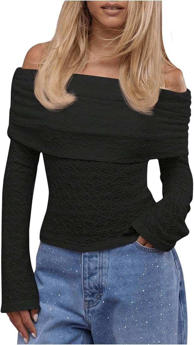 MakeMeChic Women's Ruched T Shirt Long Sleeve Off The Shoulder Textured Slim Fit Tee Tops | Amazon (US)