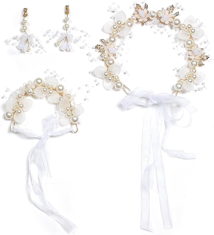 Flower Crown Girl Hair Accessories Bracelets Earrings Set White Floral Hair Straps with Pearls We... | Amazon (US)