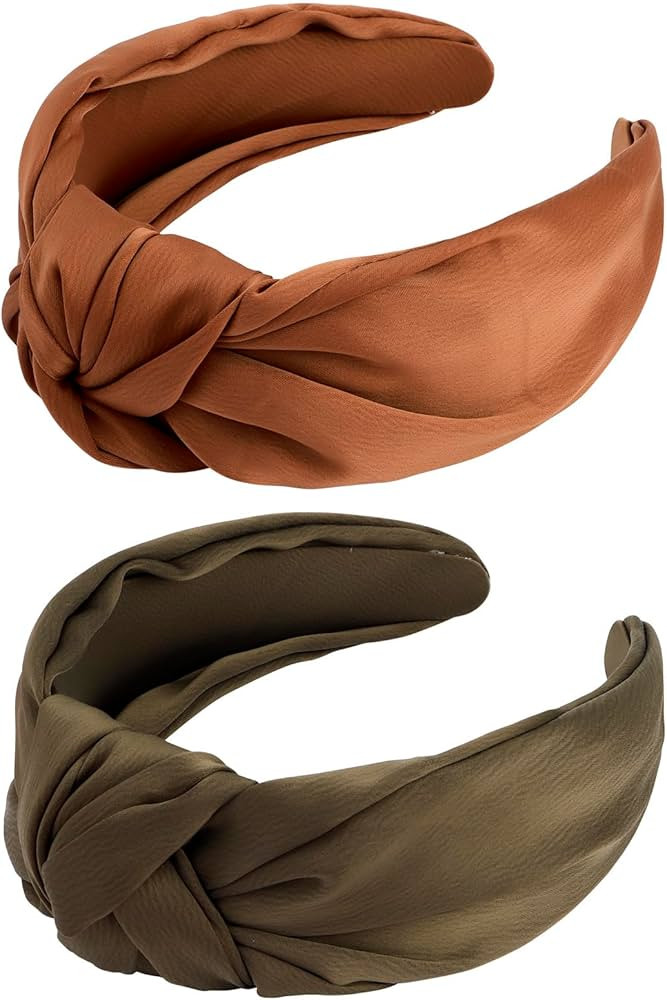 VELSCRUN 2 Pack Satin Wide Knotted Headbands - Brown Elastic Turbans, Non-Slip Silk Hair Styling ... | Amazon (US)