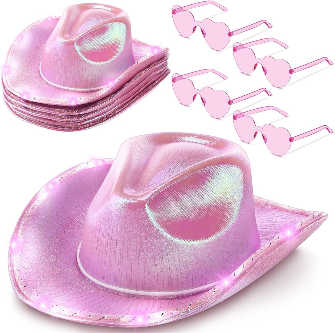 Zhanmai 8 Pieces Cowboy Hat LED Light Up Hat and Heart Sunglasses Sparkly Space Cowgirl Hat for W... | Amazon (US)