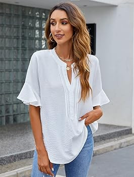 BMJL Womens White Blouses Chiffon Ruffle Short Sleeve V Neck Business Casual Tops Summer Cute Shi... | Amazon (US)