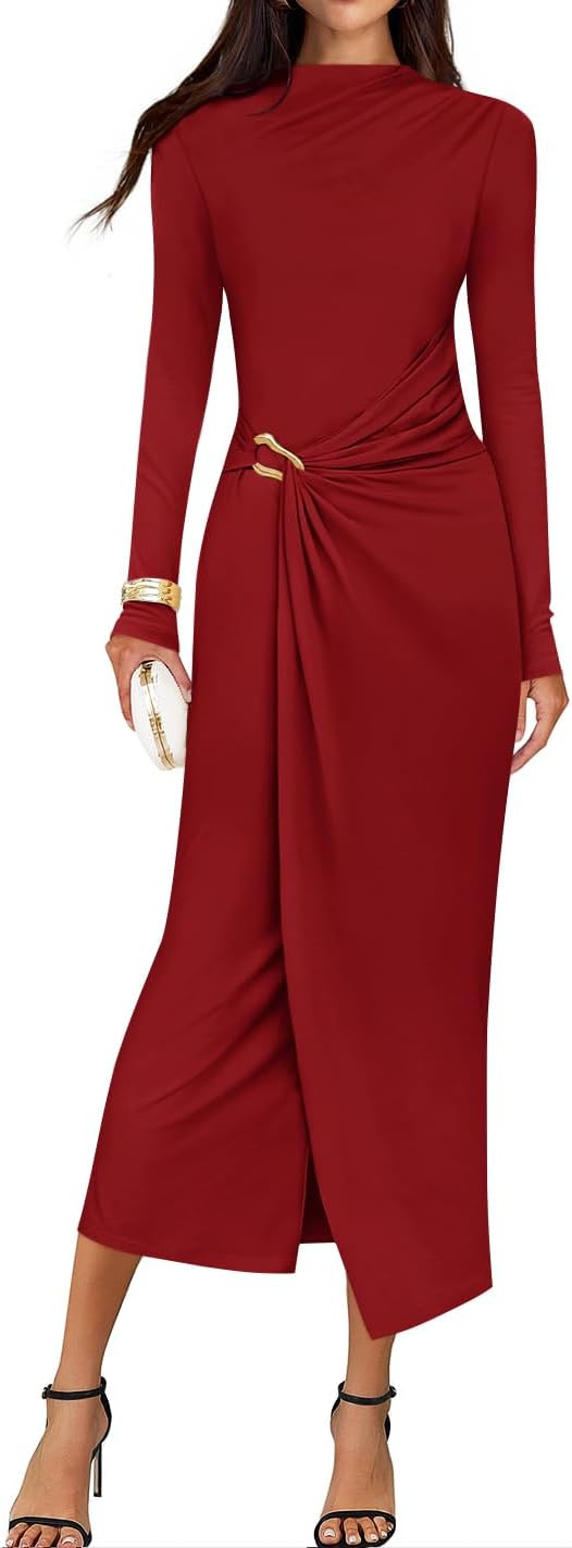 ZESICA Women's 2026 Spring Long Sleeve Bodycon Dress Mock Neck Wedding Guest Cocktail Party Long ... | Amazon (US)