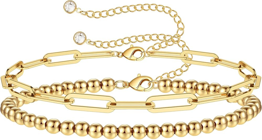 Dainty Gold Bracelets for Women, 14K Gold Filled Adjustable Layered Bracelet Cute Evil Eye Oval C... | Amazon (US)