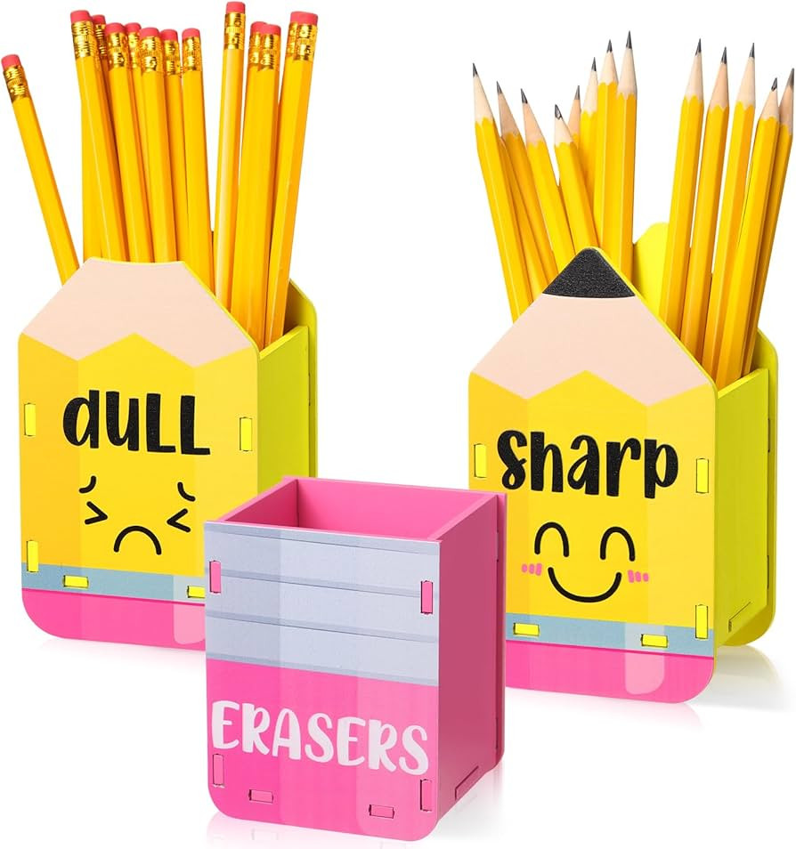 DoubleFill 3 Pcs Sharp and Dull Pencil Holder Eraser Buckets Wooden Shaped Dispenser for Back to ... | Amazon (US)