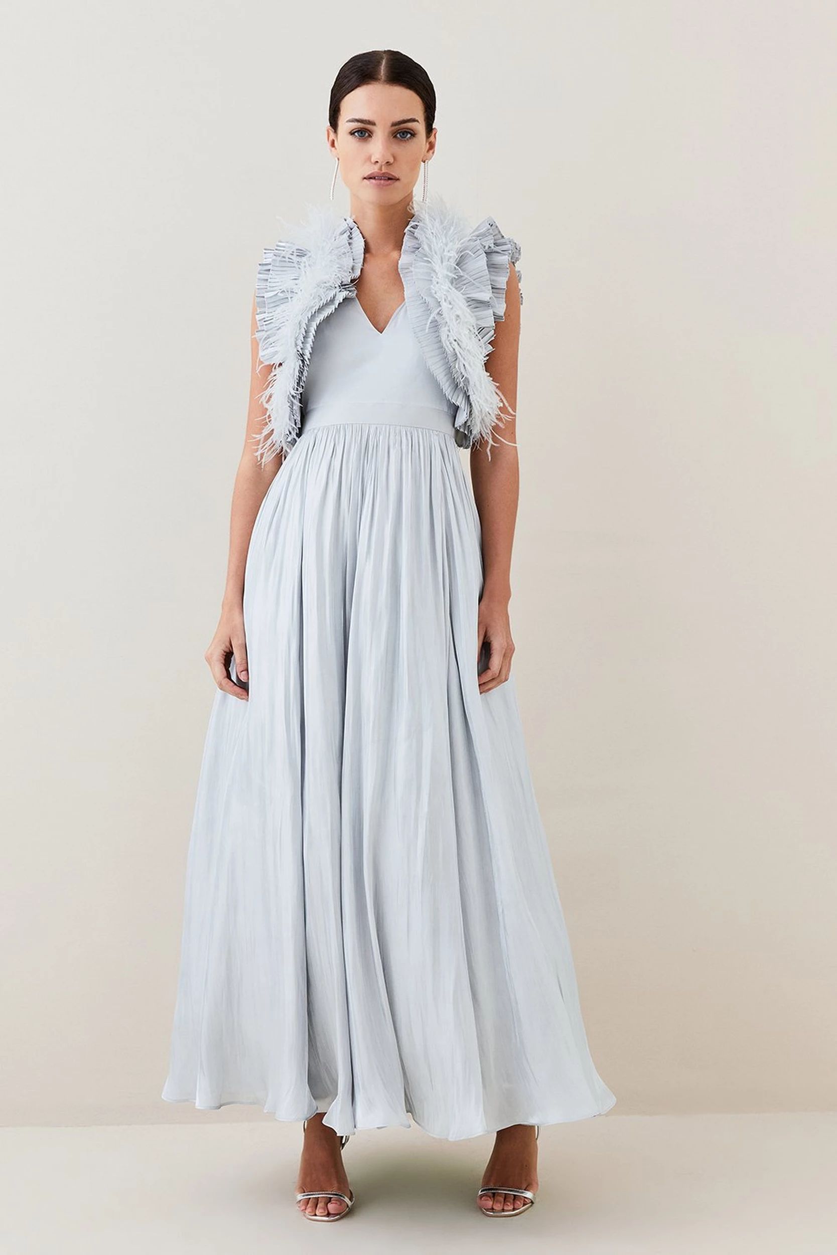 Lydia Millen Petite Metallic Feather Ruffle Woven Maxi Dress | Karen Millen US