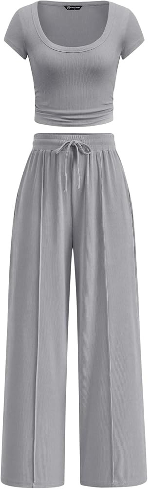 PRETTYGARDEN Women's Summer 2 Piece Matching Lounge Sets Short Sleeve Crop Tops Wide Leg Pants 20... | Amazon (US)
