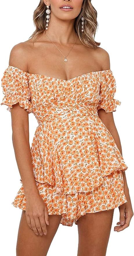 Linsery Romper Shorts for Women Summer Boho Strapless Ruffle Rompers Jumpsuits | Amazon (US)
