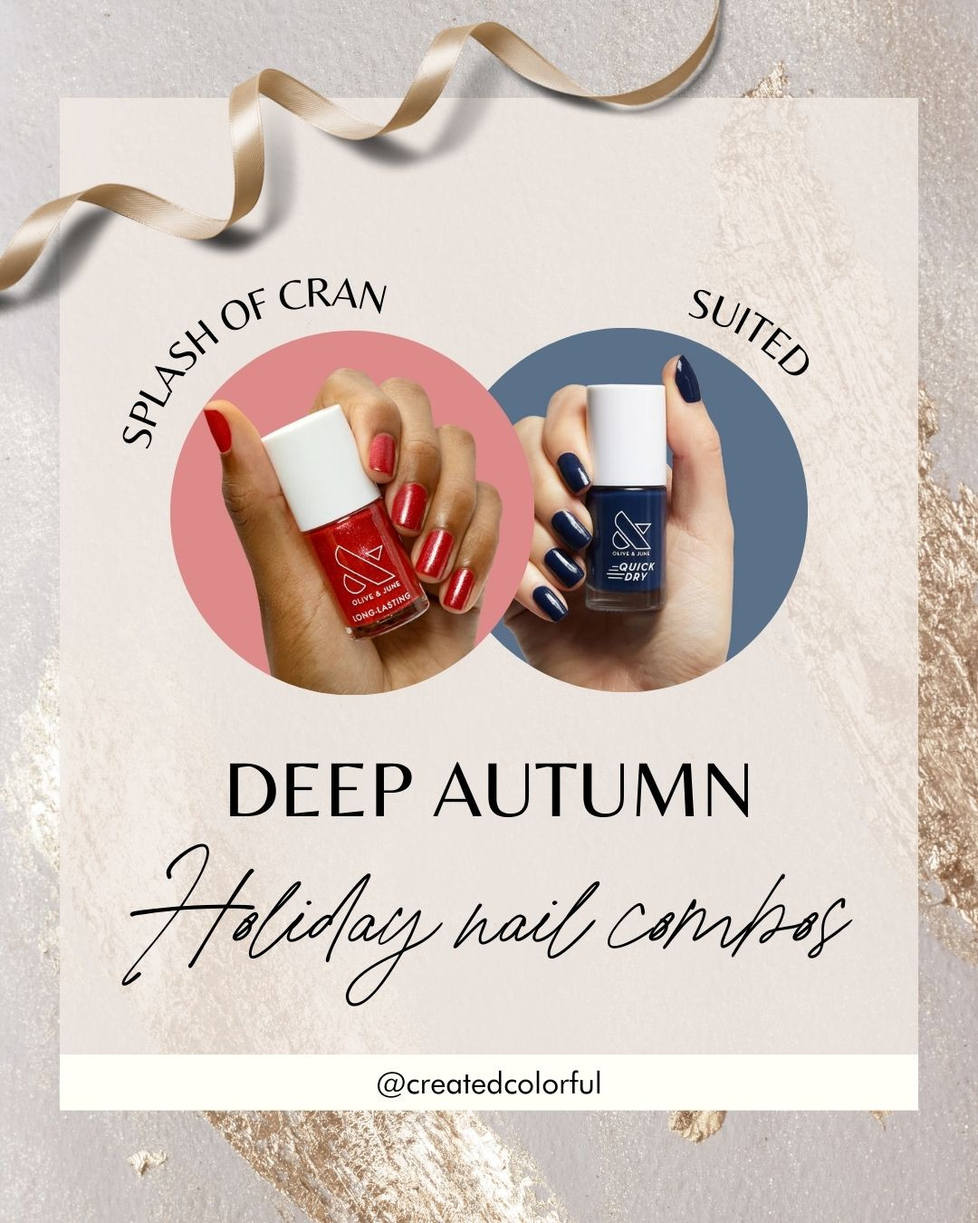 Make your nails as festive as your holiday spirit! Whether you're going for classic reds like this "Splash of Cran" or subtle colors like this "Suited" blue, your nails will be the perfect accessory to any holiday party.

Deep Autumns, I can totally see you rocking these Olive & June polishes for the holidays!

#createdcolorful

#LTKParties #LTKHoliday #LTKBeauty