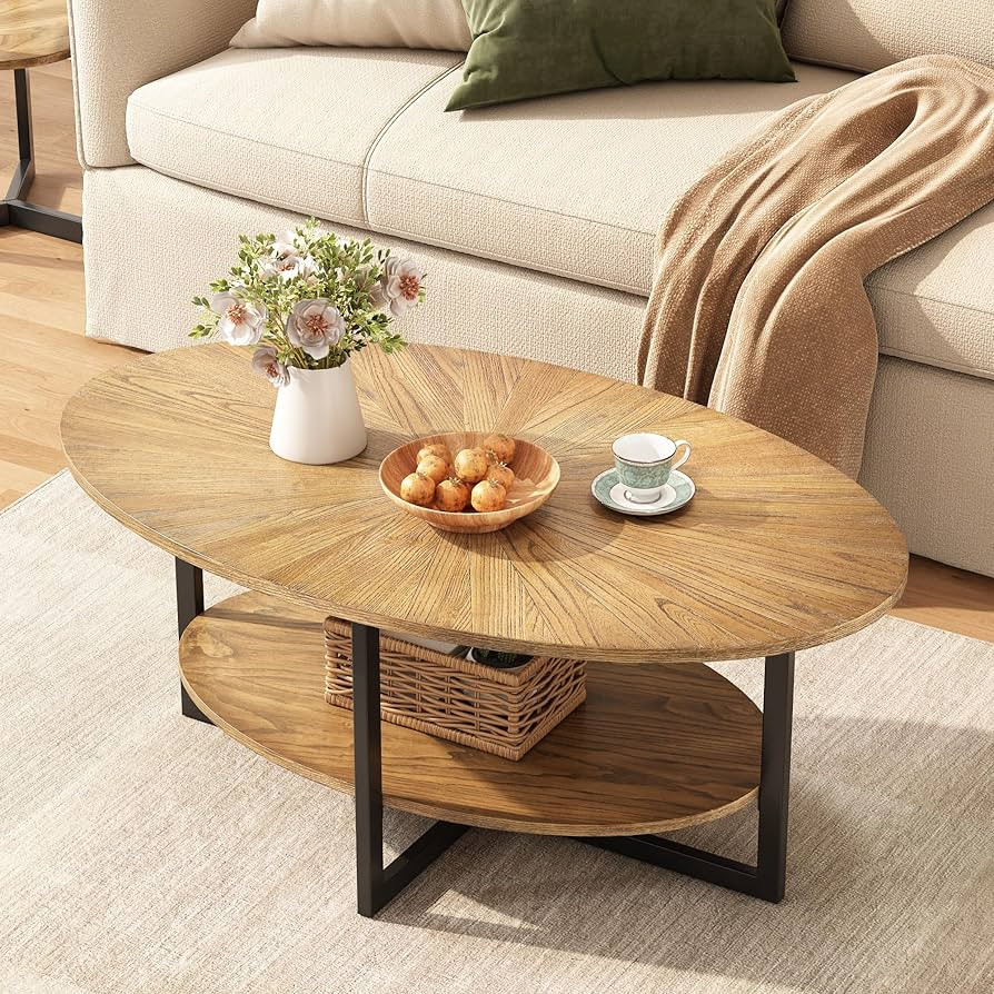 Solid Wood Oval Coffee Table with Cross Metal Legs, 43.3in Modern Industrail Center Table with Op... | Amazon (US)