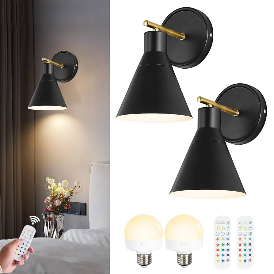 Black Rechargeable Batttery Operated Wall Sconces Set of 2, Wireless Battery Powered Non Hardwire... | Amazon (US)