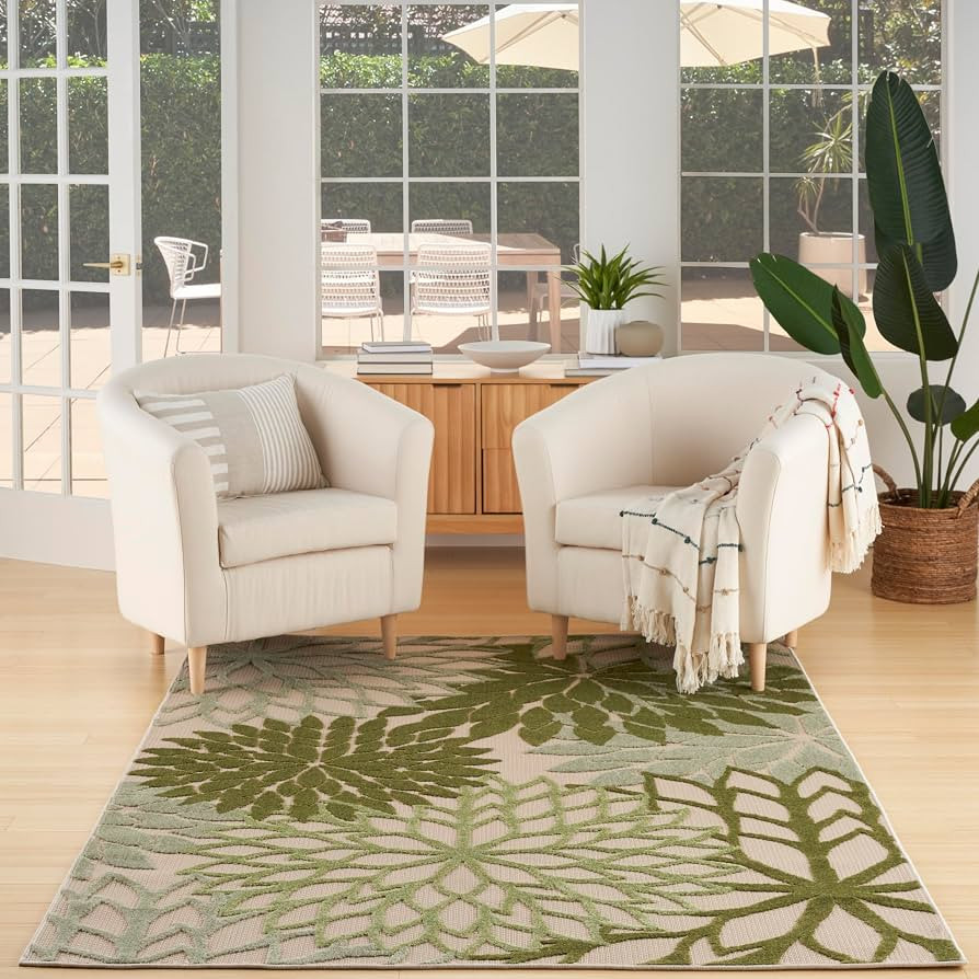 Nourison Aloha Tropical Indoor/Outdoor Ivory Green 5'3" x 7'5" Area Rug, Easy Cleaning, Non Shedd... | Amazon (US)