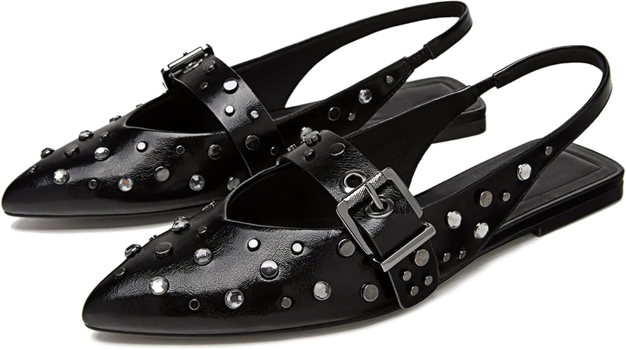 DOEYG Women Studs Slingback Flat Shoes Pointed Toe Buckle Ballet Flats Comfortable Mary Janes Fla... | Amazon (US)