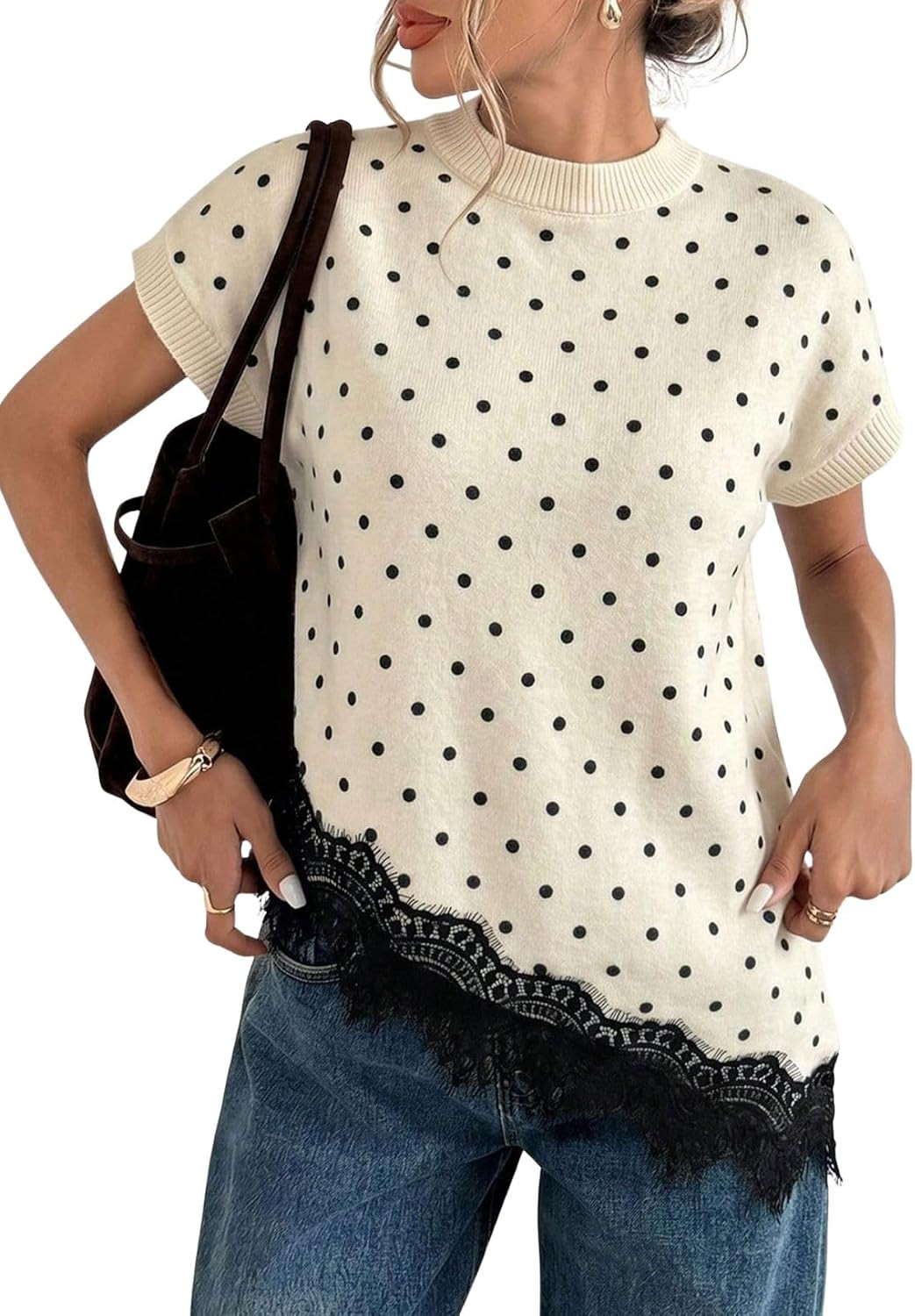 Verdusa Women's Lace Trim Polka Dots Short Sleeve Sweaters Mock Neck Tops | Amazon (US)