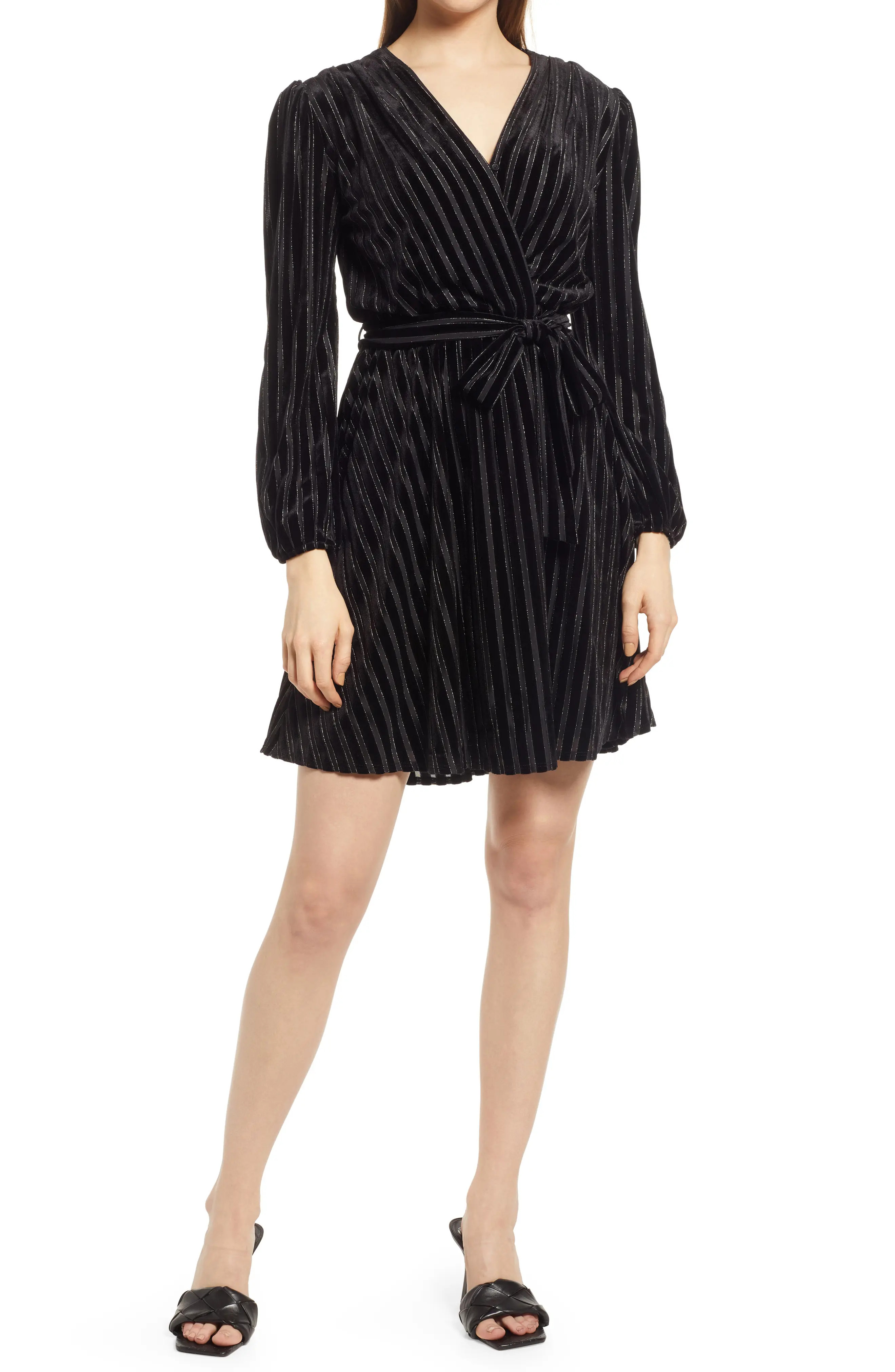 Fraiche by J Metallic Velvet Tie Waist Long Sleeve Dress in Black at Nordstrom, Size Medium | Nordstrom