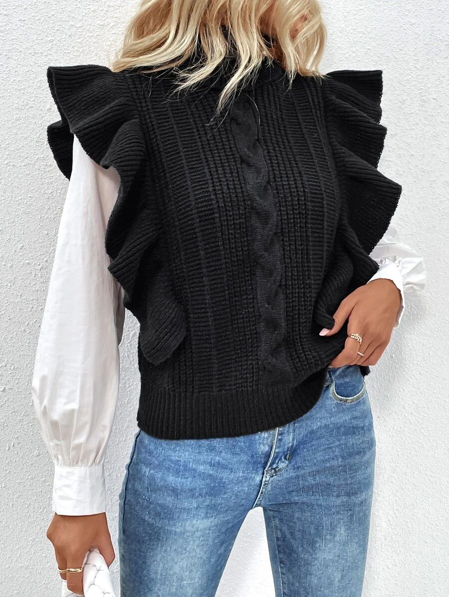 Turtle Neck Ruffle Trim Cable Knit Sweater Vest
   
      SKU: sw2209091207533246
       
       ... | SHEIN