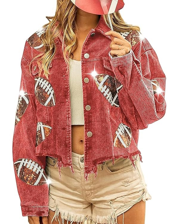 Aimiray Women's Cropped Corduroy Jacket Football Sequin Patched Print Button Frayed Hem Shacket O... | Amazon (US)