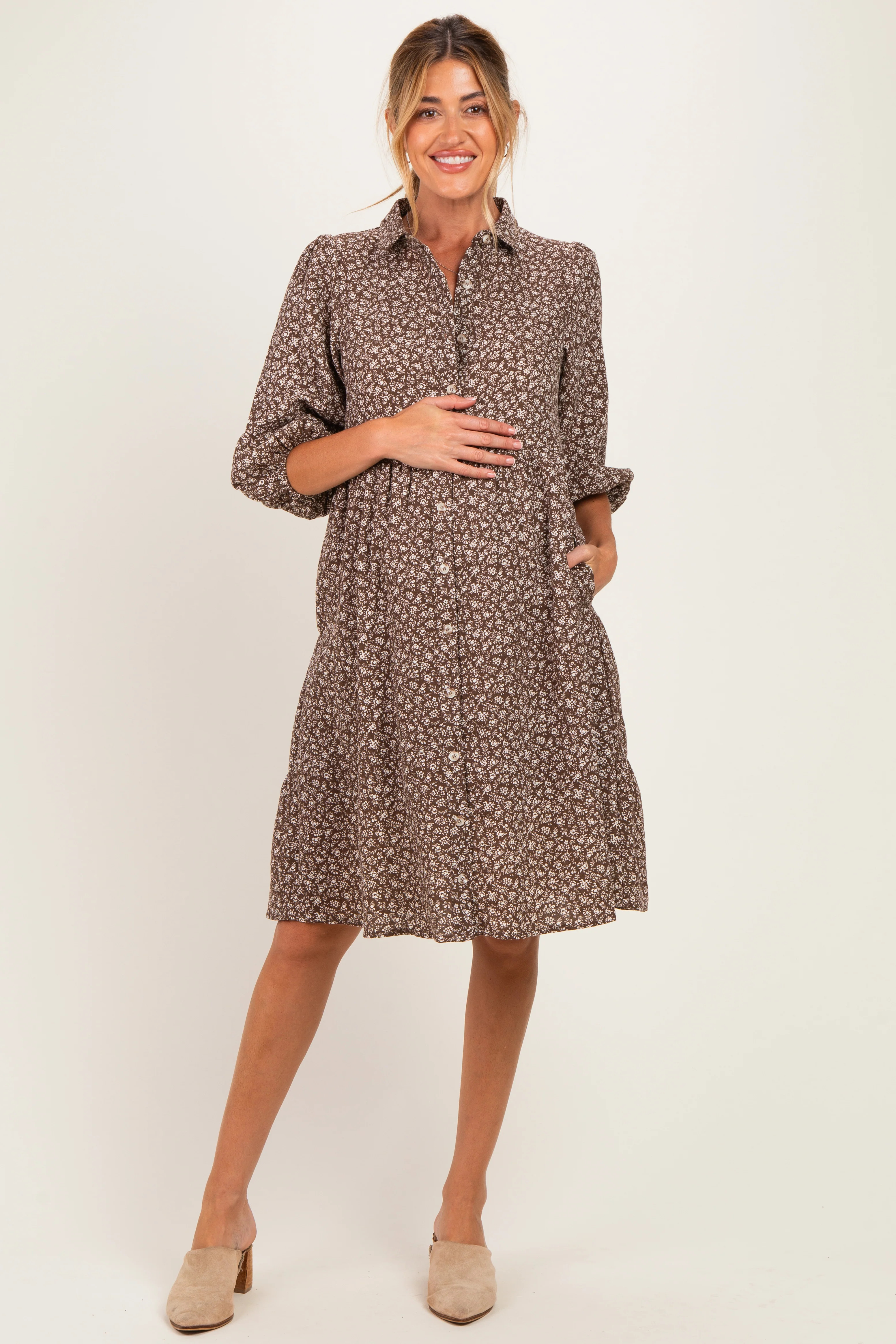 Dark Brown Floral Button Down Maternity Shirt Dress | PinkBlush Maternity