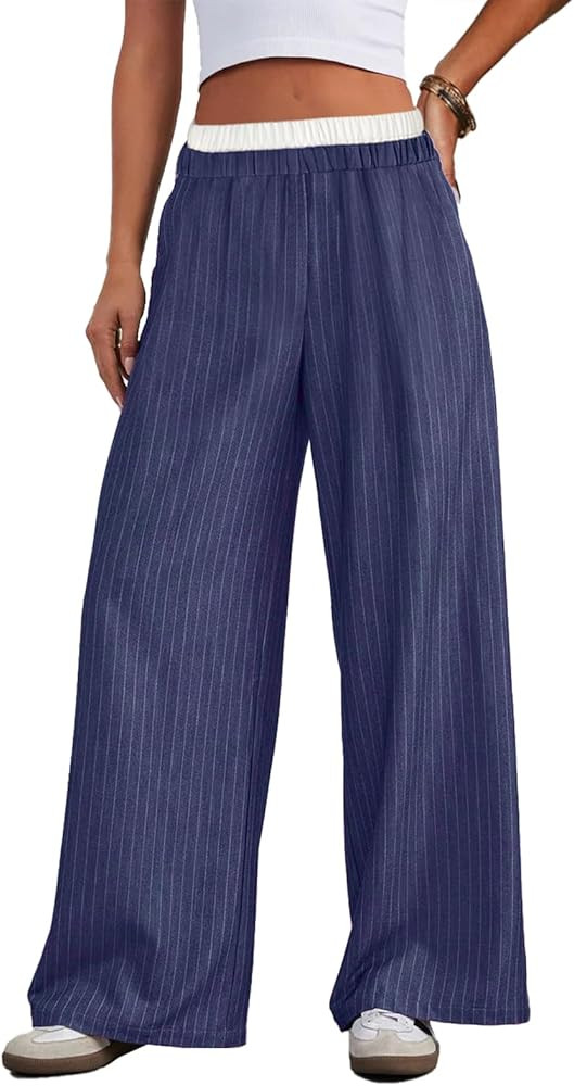 Lesore Womens Striped Color Block High Elastic Waist Wide Leg Pants Trousers Long Straight Suit P... | Amazon (US)
