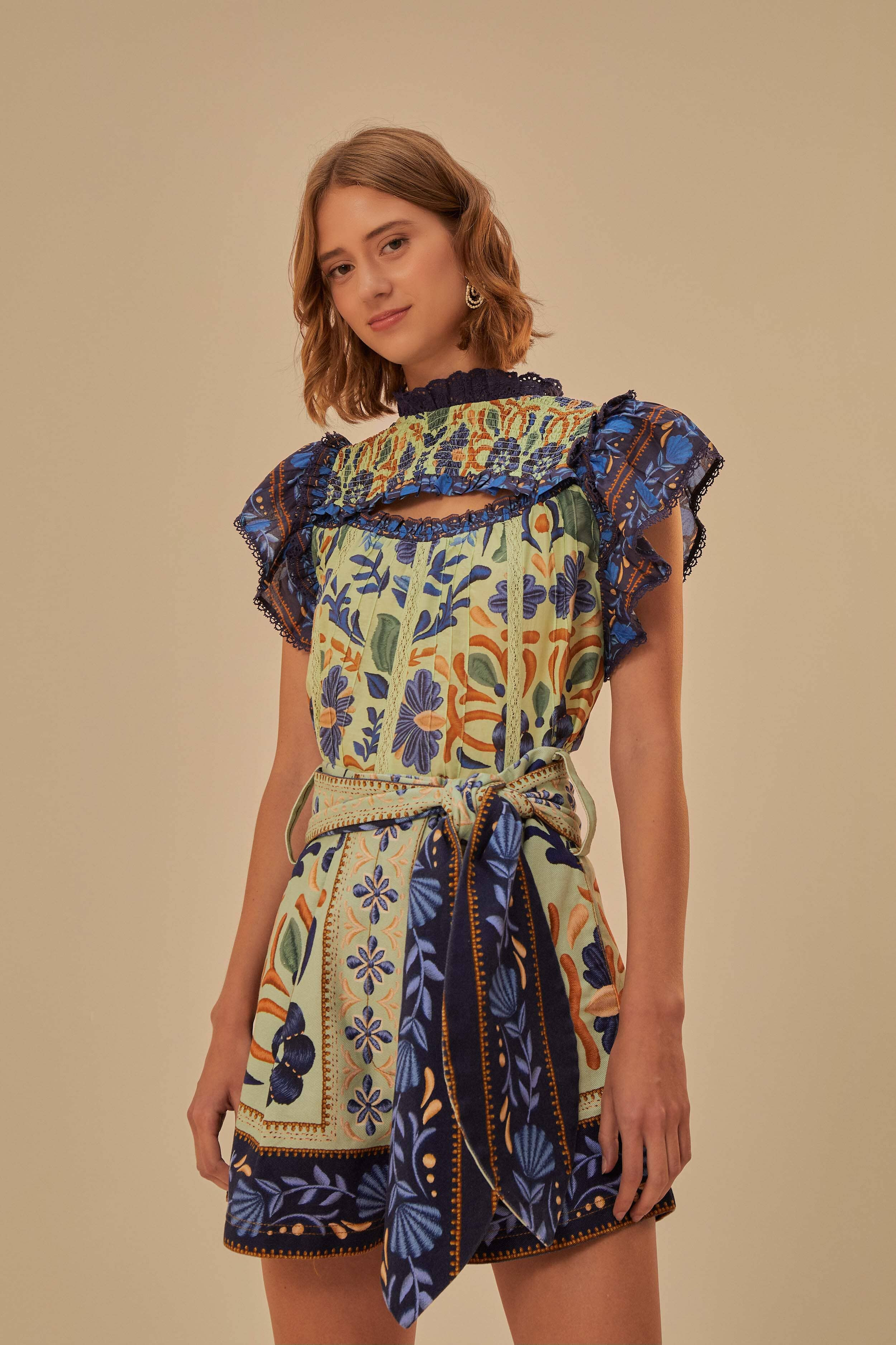 Green Ocean Tapestry Belted Short | FarmRio (US)