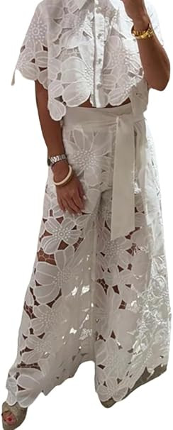 Outfits for Women 2 Piece Sets Lace Crop Shirt with Wide Leg Pants Two Piece Sets for Women Dress... | Amazon (US)