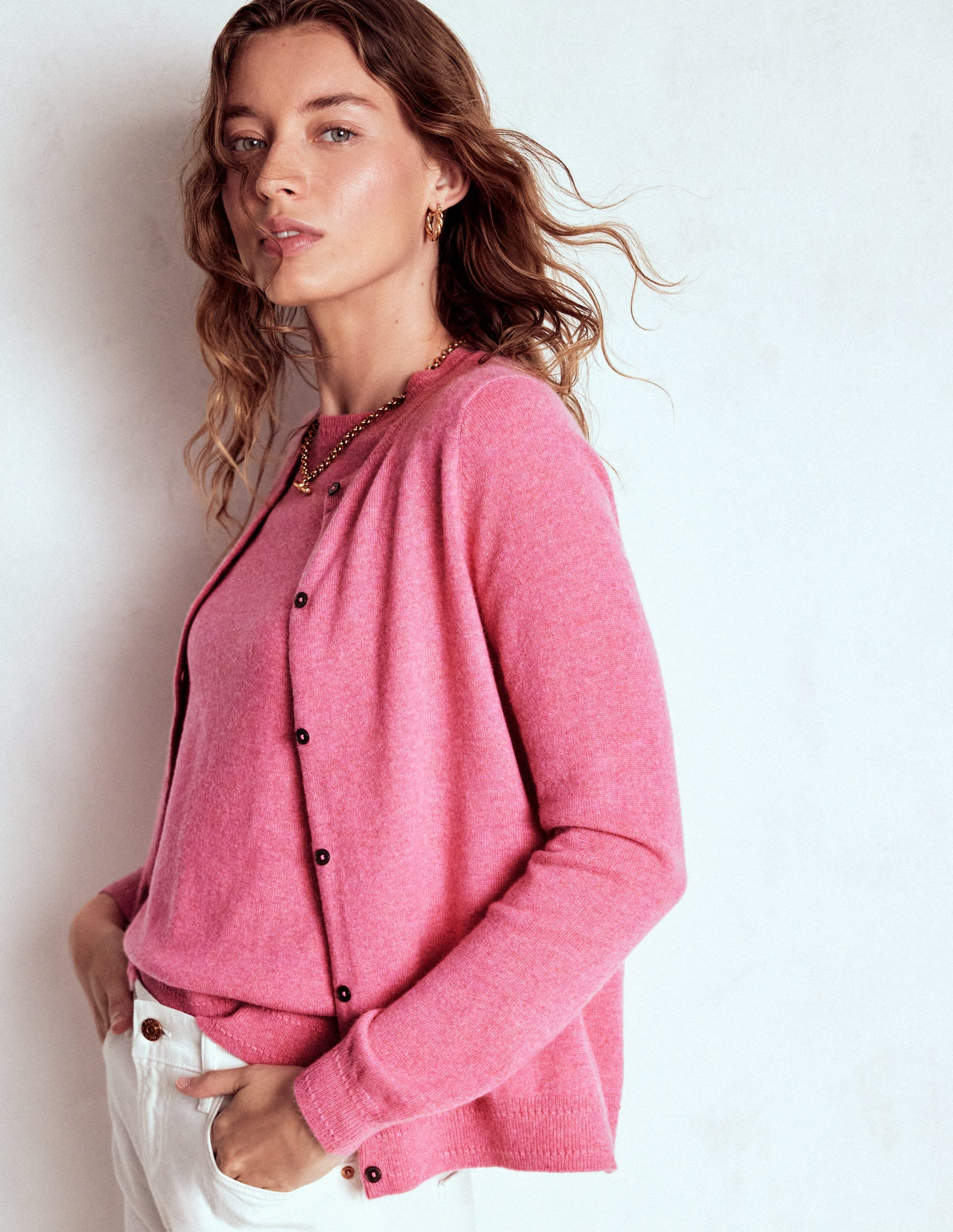 Eva Cashmere Crew Cardigan-Rose Pink Melange | Boden UK