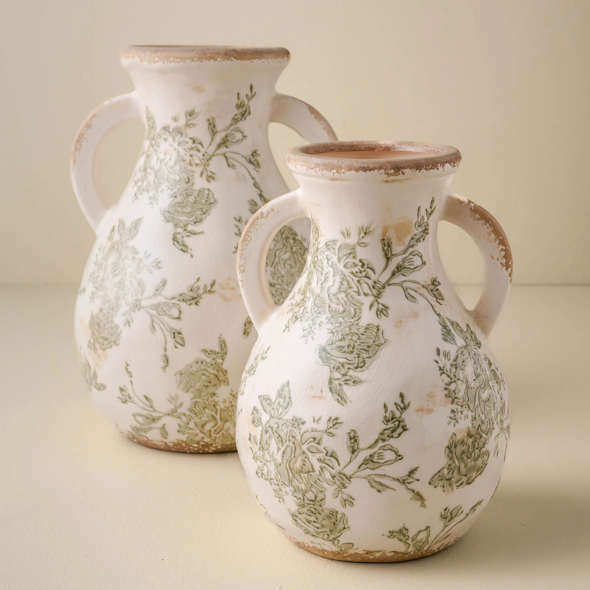 Green and White Distressed Vase with Handle | Magnolia