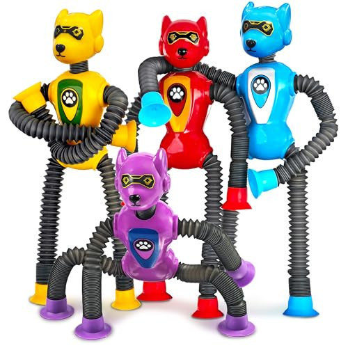 4PC Robot Dog Sensory Pop Tube Travel Toys for Boys Toddler Kid Airplane Car Toy Activities Autistic Road Trip Suction Tube for Boy 3 - 8 ADHD Autism Easter Basket Stuffers Valentine Gift | Amazon (US)