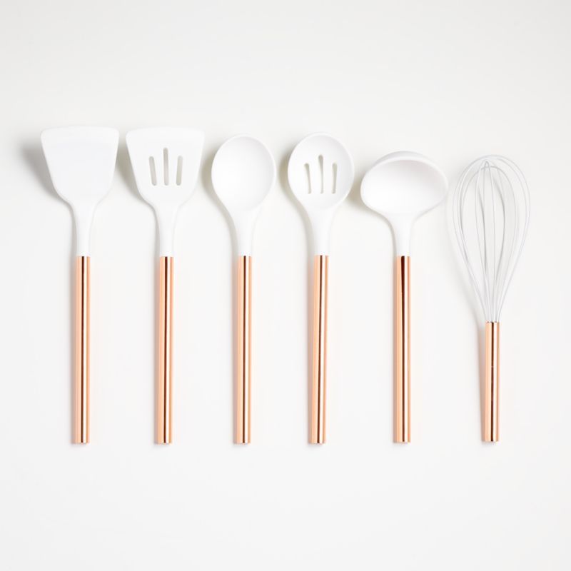 Ada White Silicone Utensils with Copper Handles, Set of 6 | Crate & Barrel | Crate & Barrel
