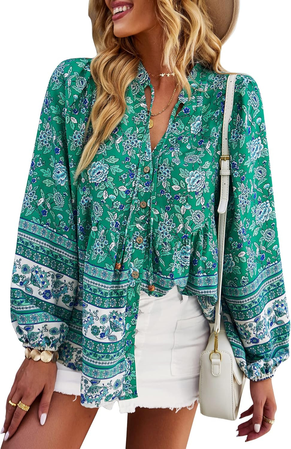 KAYWIDE Women's Casual Boho V Neck Top Loose Floral Printed Long Sleeve Beach Shirts Blouses | Amazon (US)