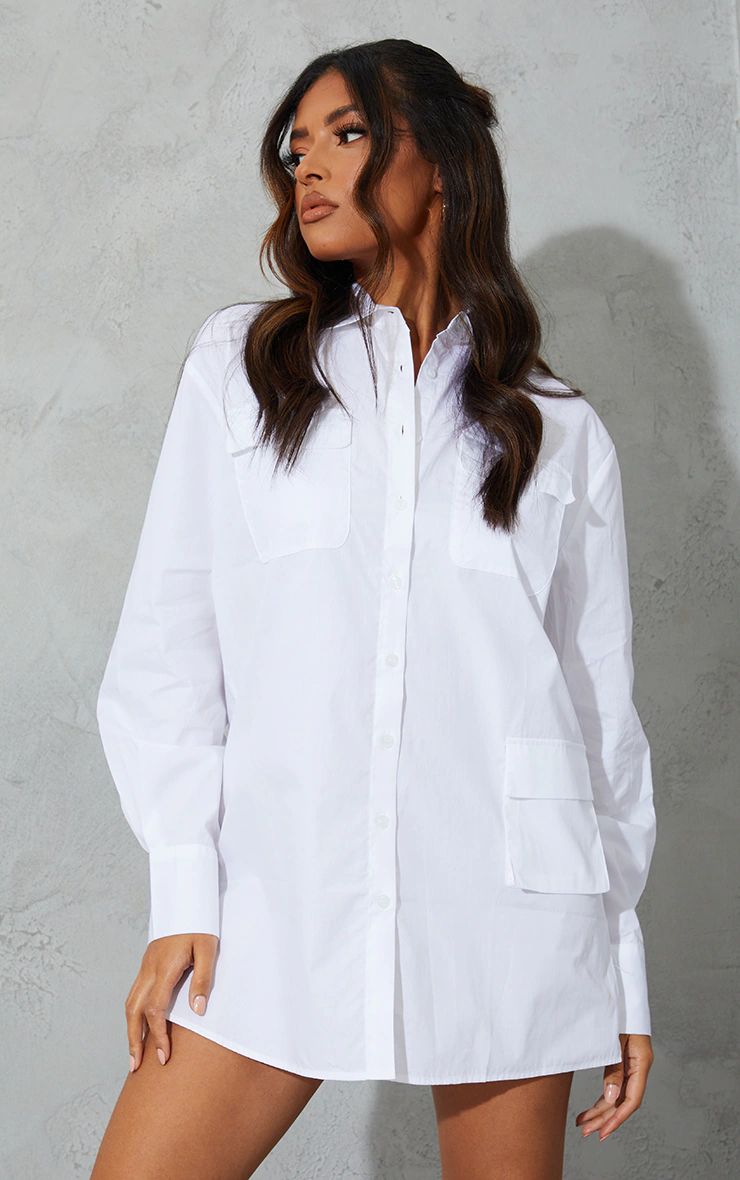 White Long Sleeve Pocket Detail Shirt Dress | PrettyLittleThing US