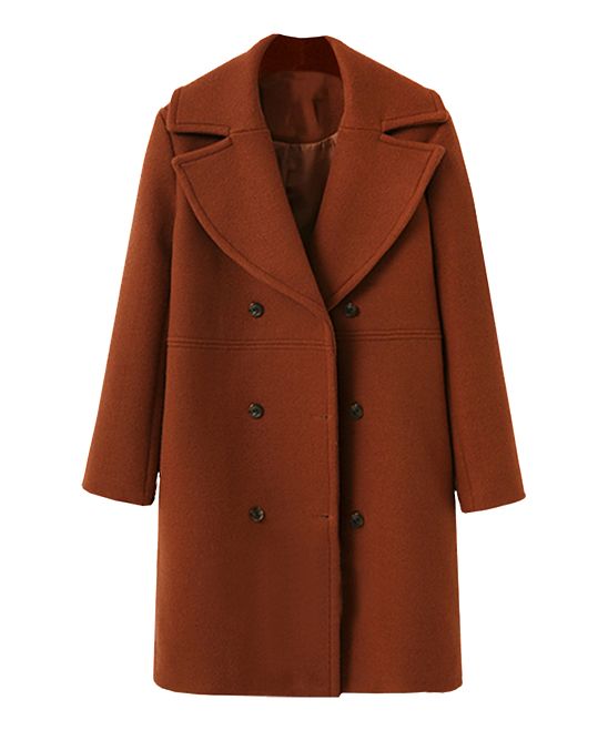 CELLABIE Women's Pea Coats Picture - Red-Brown Pocket Wool-Blend Double-Breasted Peacoat - Women | Zulily