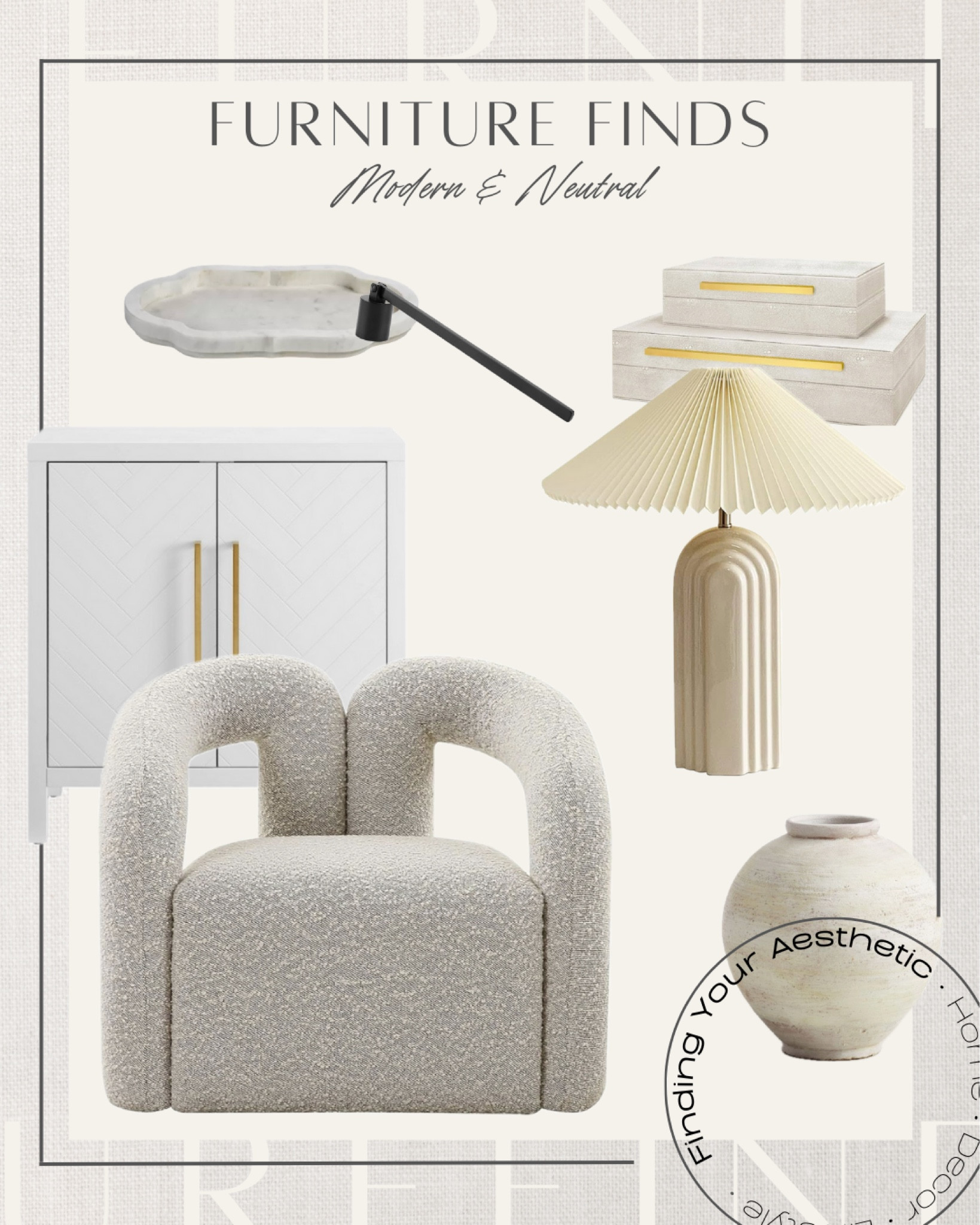 Furniture Finds - get the neutral and modern aesthetic with these high end inspired pieces 

Boucle chair modern // accent chair for living room modern // rustic terracotta vase // organic modern vase round // shagreen decorative boxes // modern sideboard cabinet // marble tray // black candle snuffer // modern neutral table lamp // wayfair finds // target home // Amazon home finds

#LTKhome