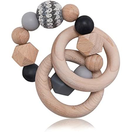 Teething Ring Toy for Baby, Silicone & Natural Wooden Infant Baby Bangle Teether Toys and Develop Se | Amazon (US)