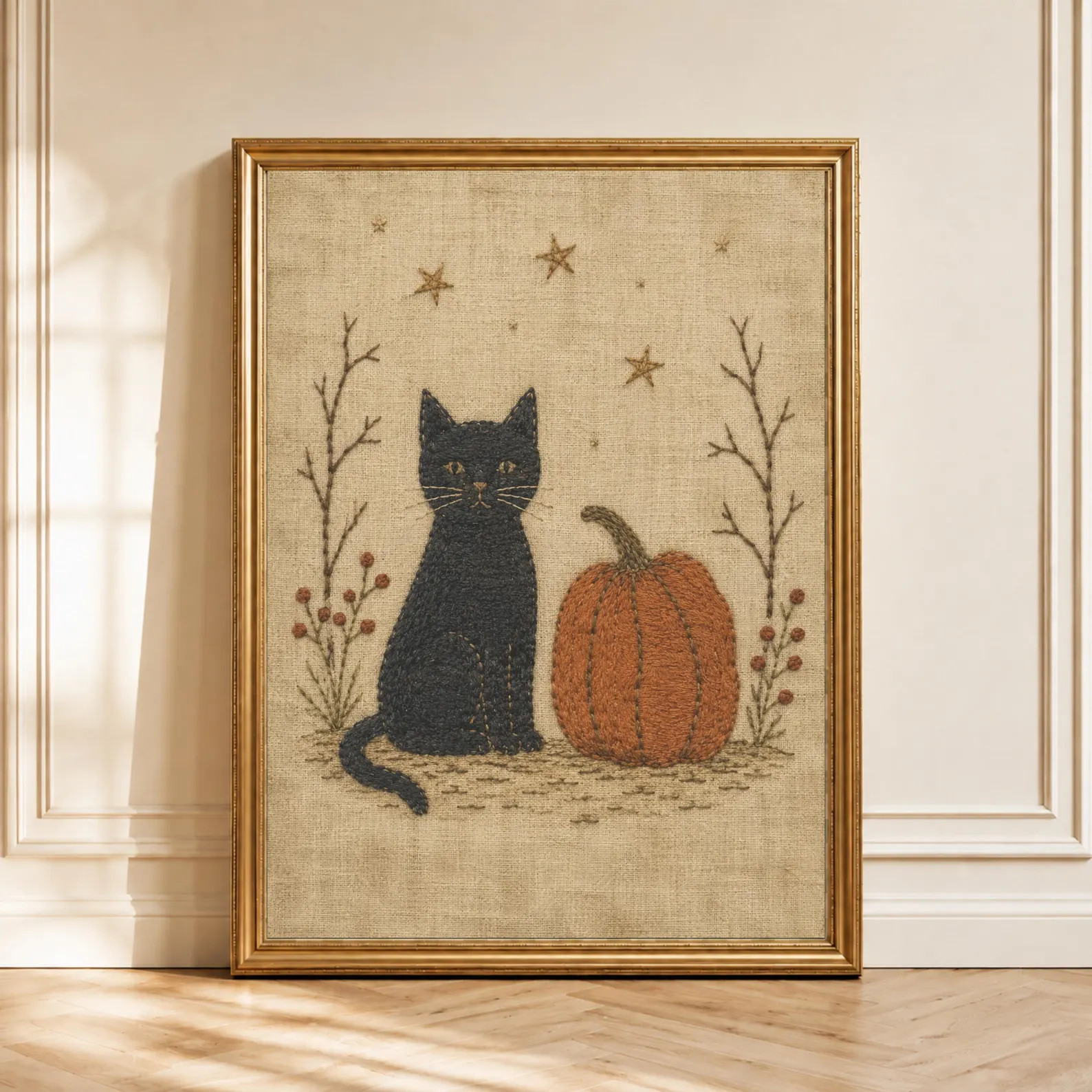 Primitive Halloween Print, Black Cat Pumpkin Wall Art, Vintage Embroidery Printable, Rustic Fall ... | Etsy (Global)