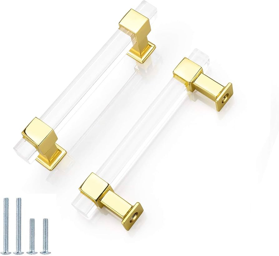 10 Pack |4'' Polished Gold Cabinet Pull Clear Acrylic Drawer Handle Modern,T Bar Crystal Style Ki... | Amazon (US)