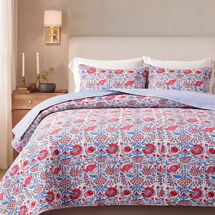 Ridhi Block Print Reversible Cozy Quilt Pigeon Blue & Flamingo Pink Queen 90" x 96" Lightweight B... | Amazon (US)