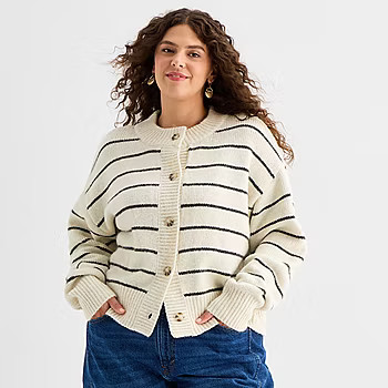 new!a.n.a Womens Crew Neck Long Sleeve Button Plus Striped Cardigan | JCPenney