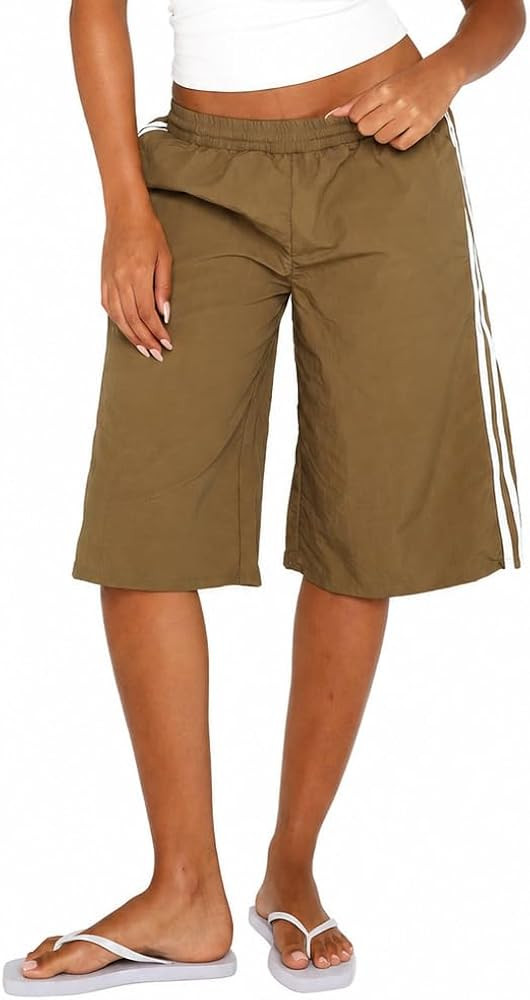 Women's Summer Elasticated Waistband Striped Bermuda Wide Leg Capri Pants Casual Relaxed Long Kne... | Amazon (US)