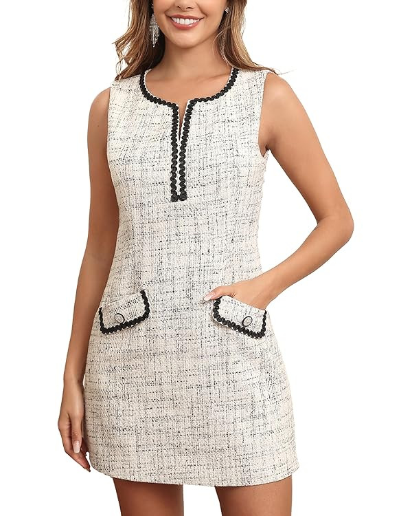 M.Infisavo 2025 Women Tweed Dress Spring Summer V Neck Sleeveless A Line Pockets Work Casual Jack... | Amazon (US)