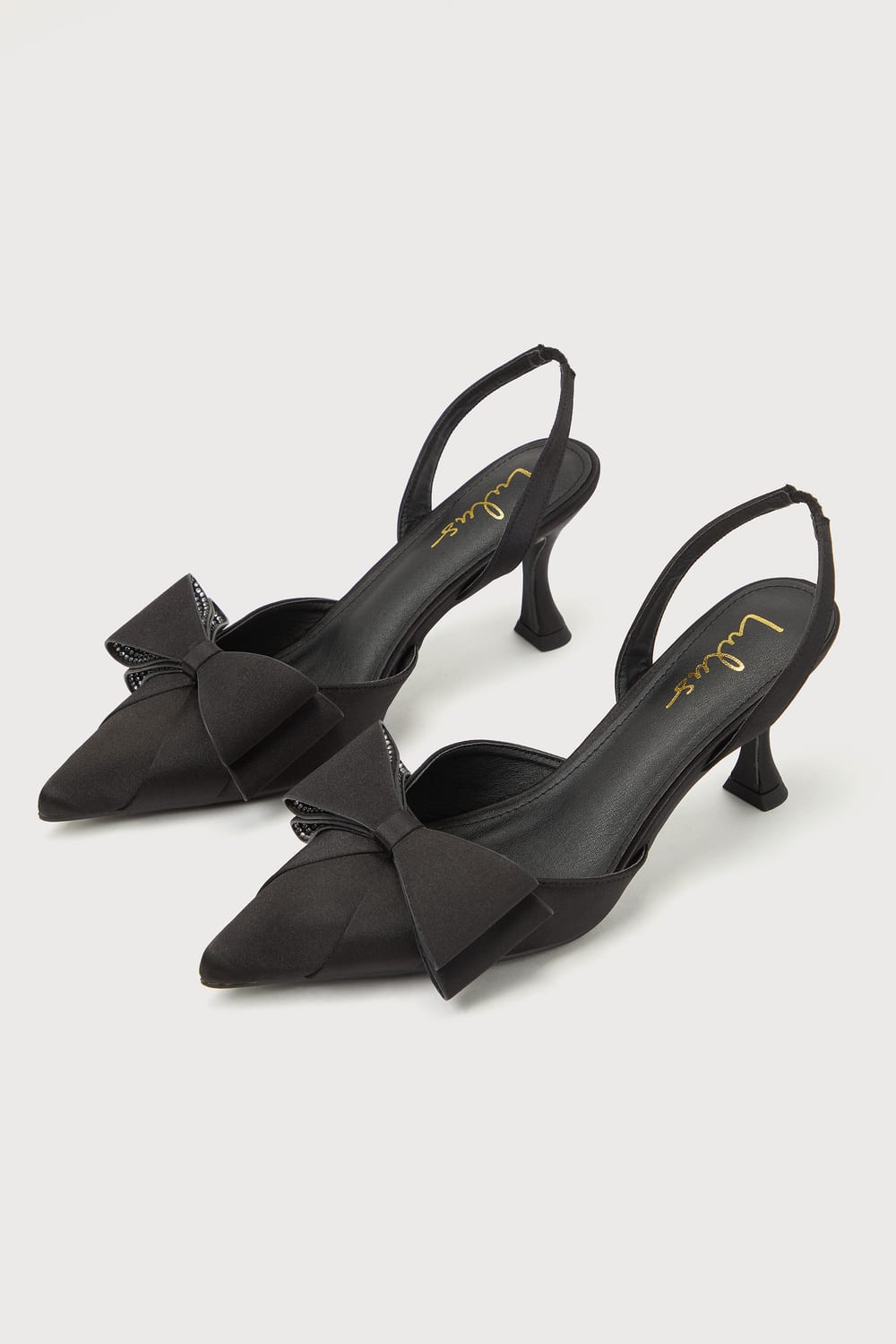 Hariata Black Satin Rhinestone Bow Slingback Pumps | Lulus