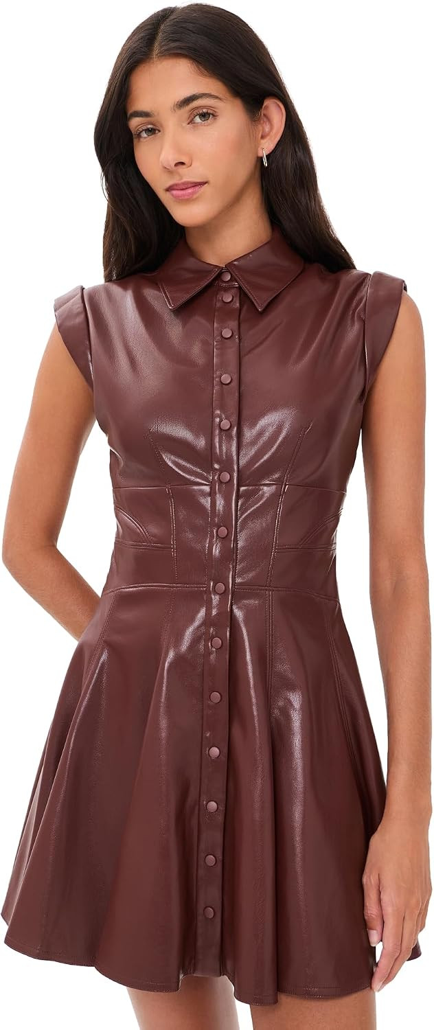 alice + olivia Women's Kim Vegan Leather Paneled Corset Flared Mini Shirt Dress | Amazon (US)