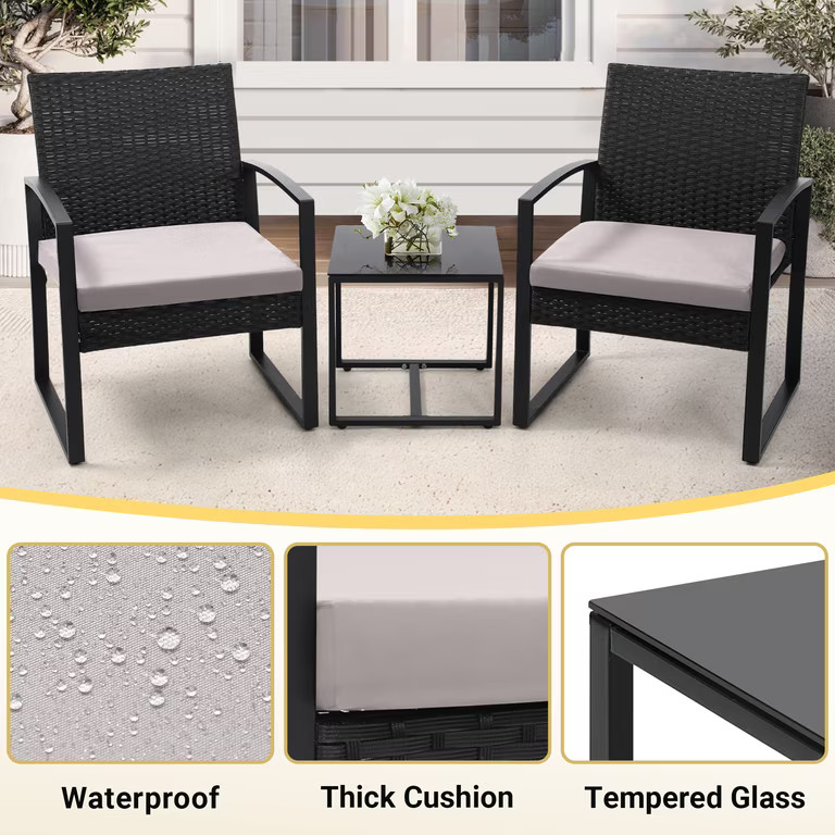 Skandiquip 3-Piece Patio Bistro Set, All-Weather, Outdoor Wicker Furniture with Tempered Glass Ta... | Walmart (US)