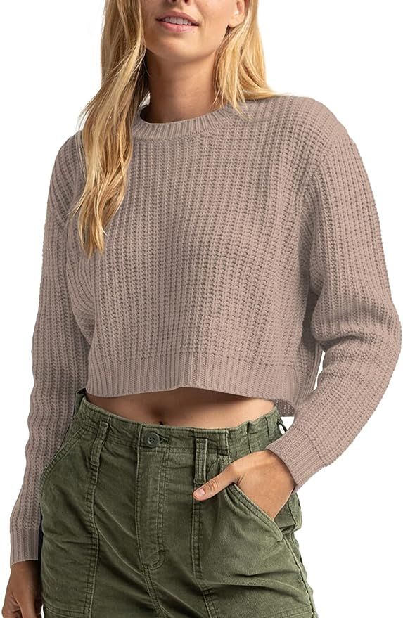 Jumppmile Women's Crop Sweater Knitted Crew Neck Long Sleeve Casual Loose Cropped Pullover Sweate... | Amazon (US)