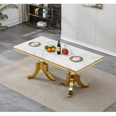 Luxury Faux Marble Dining Table for 8, Rectangular 70" White Kitchen Table with 0.71" Thick Printed Marble Top and Stainless Steel Pedestal, Modern Di | Wayfair North America