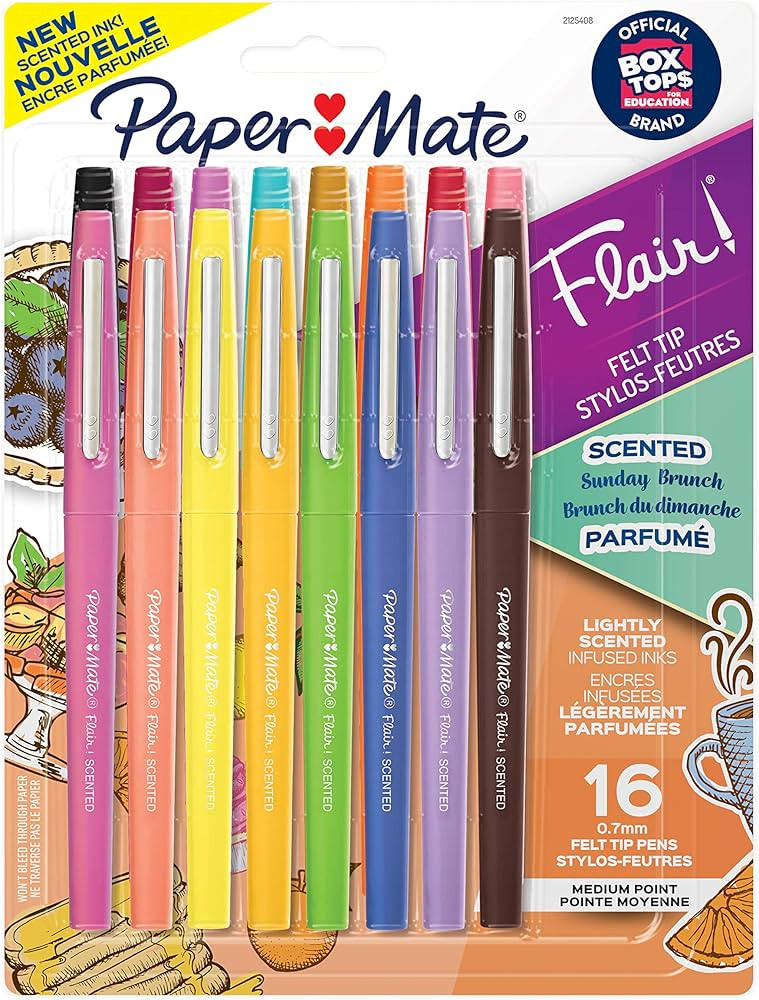 Paper Mate Flair Scented Felt Tip Pens, Assorted Sunday Brunch Scents and Colors, 0.7mm, 16 Count | Amazon (US)
